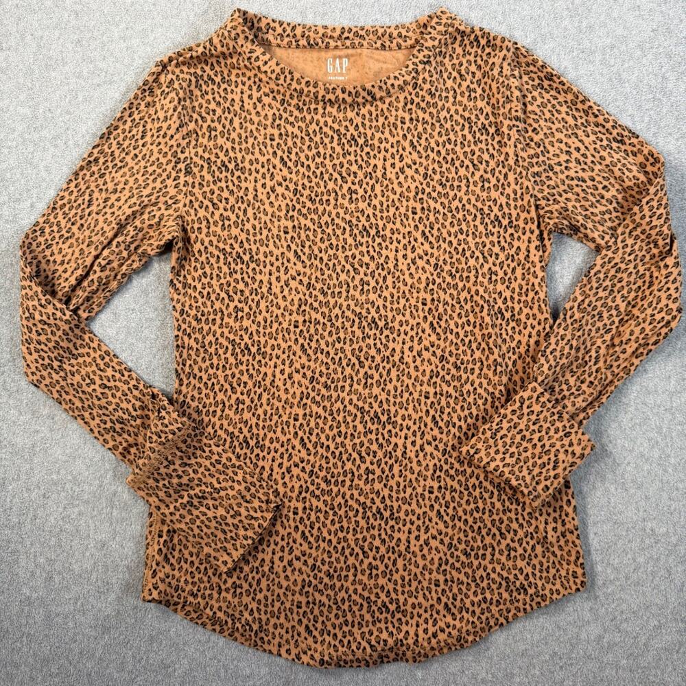 GAP Women's Small Feather T Leopard Print Long Sleeve T-Shirt Crew Neck Brown